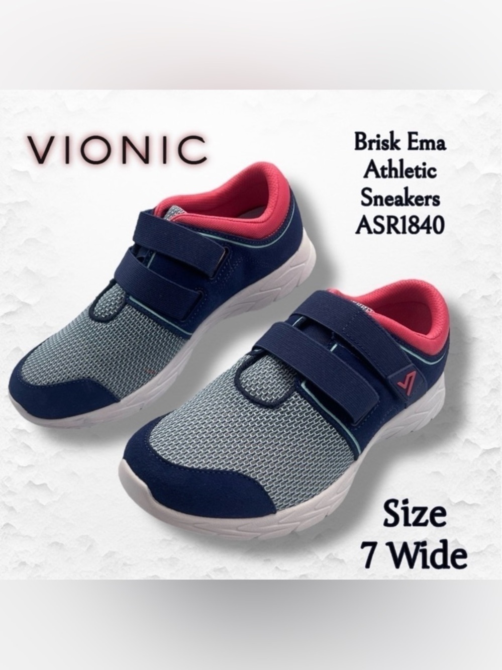 Vionic Blue and Pink Brisk Ema Athletic Sneakers with Velcro Strap Size 7 Wide
